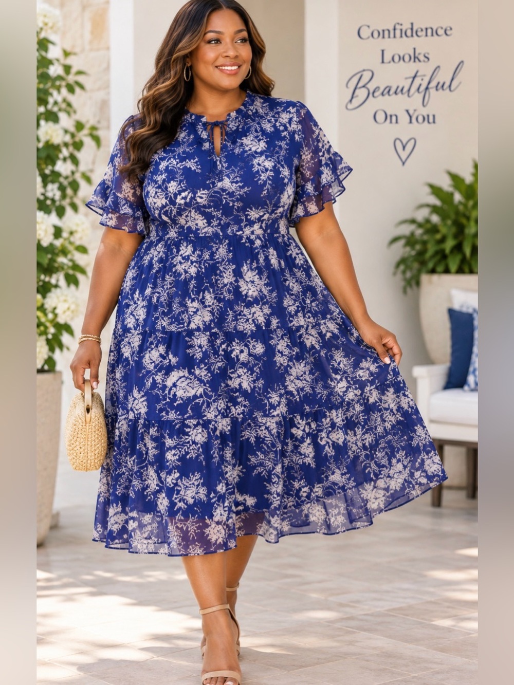Estelle Blue & White Floral Tiered Chiffon Midi Dress Ruffle Sleeve Plus Size 2X